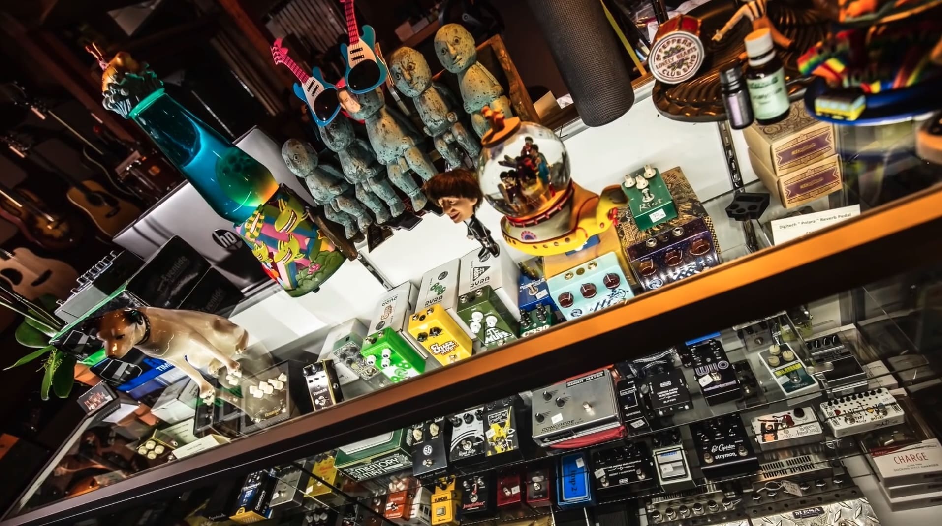 The shop’s display case of boutique effects pedals