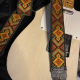 (SOLD) Ace Vintage Guitar Strap – Black, Green, Gold & Red Stitching in Kaleidescope Pattern