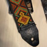 (SOLD) Ace Vintage Guitar Strap – Black, Green, Gold & Red Stitching in Kaleidescope Pattern