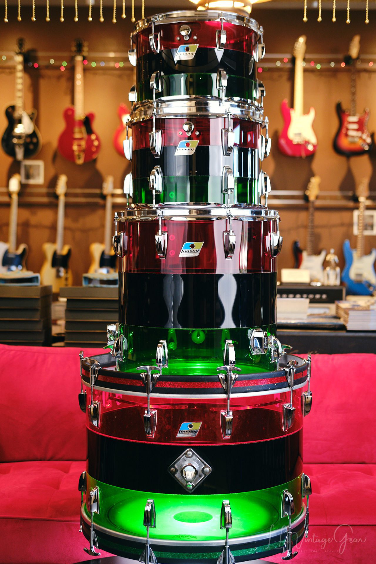 1970's Ludwig Vistalite Tri-Band Green, Black, and Red Drum Kit 22